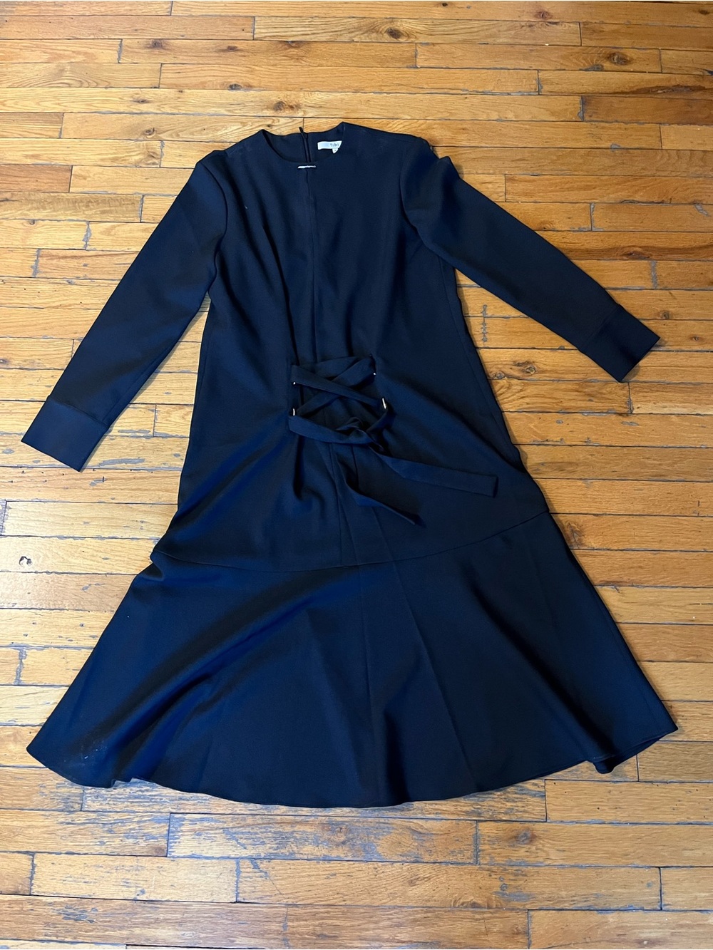 Tibi Black Long Sleeve Midi Dress with Waist Tie Detail